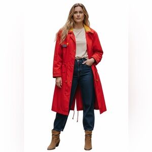 Vtg 80s Adventure Wear Long Red Trench Coat Rainbow Lining L 22” PTP